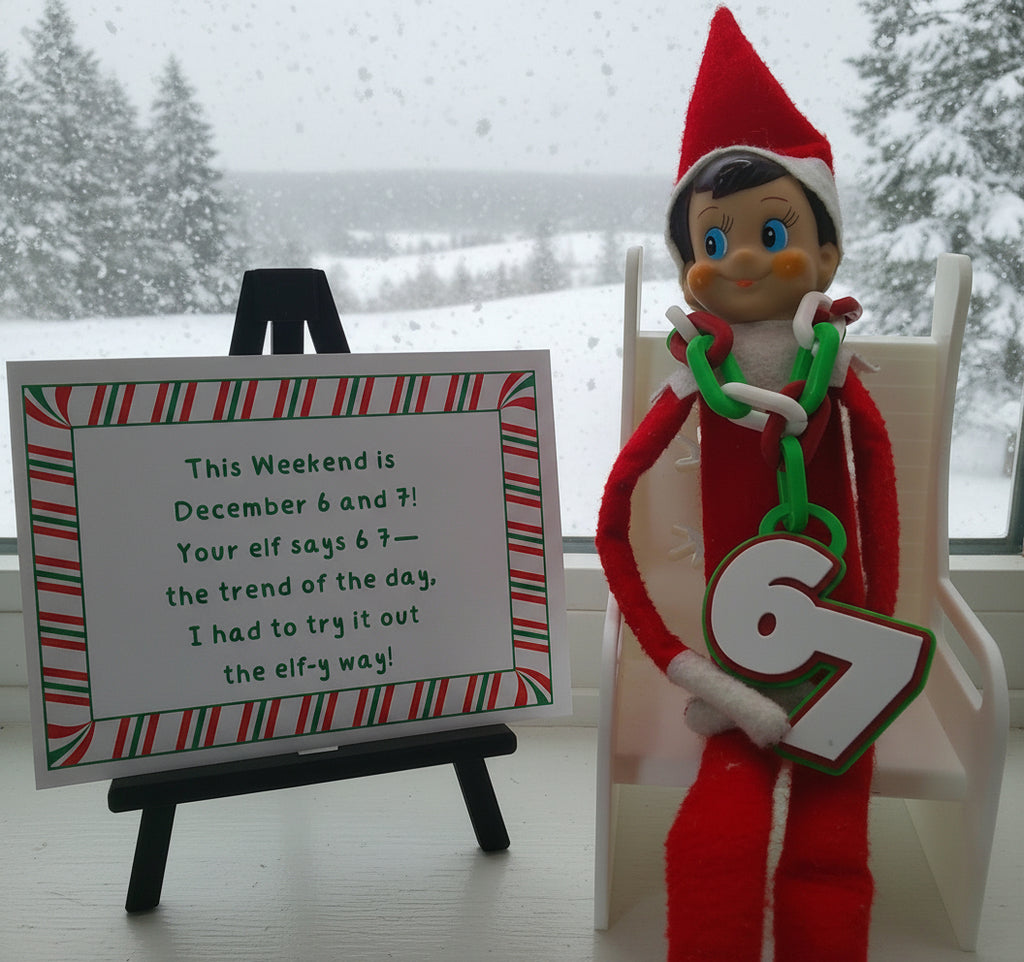 Elf on the Shelf with a sign about the weekend trend, standing next to a white chair.