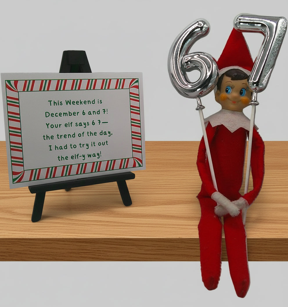 Elf on the Shelf with number balloons and a sign on a white background