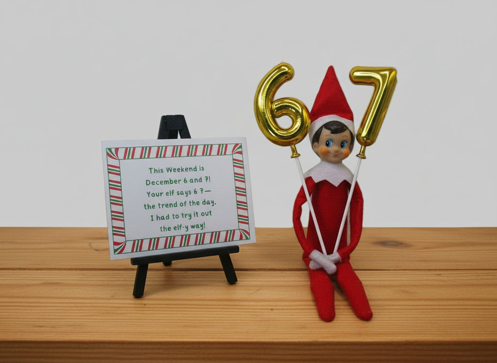 Elf on the Shelf holding gold balloons with numbers and a sign about the weekend.