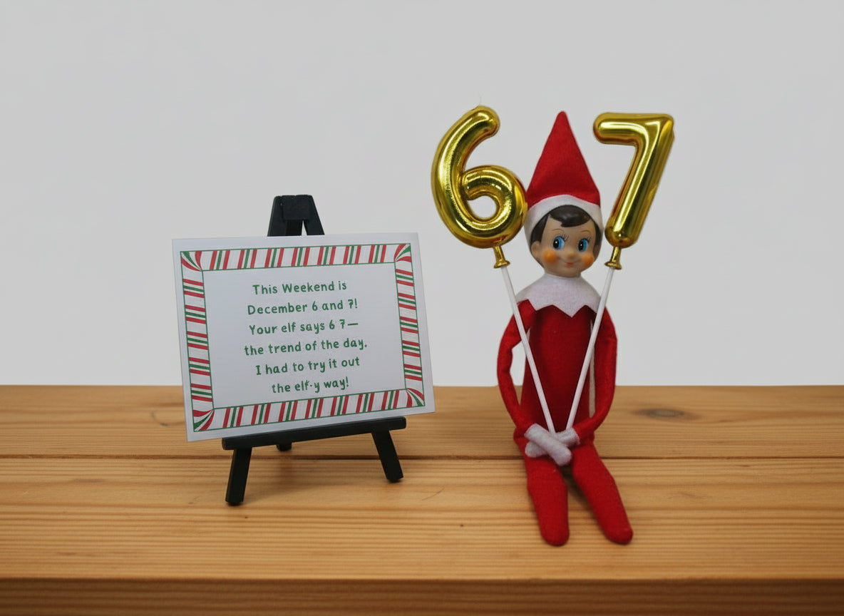 Elf on the Shelf holding gold balloons with numbers and a sign about the weekend.