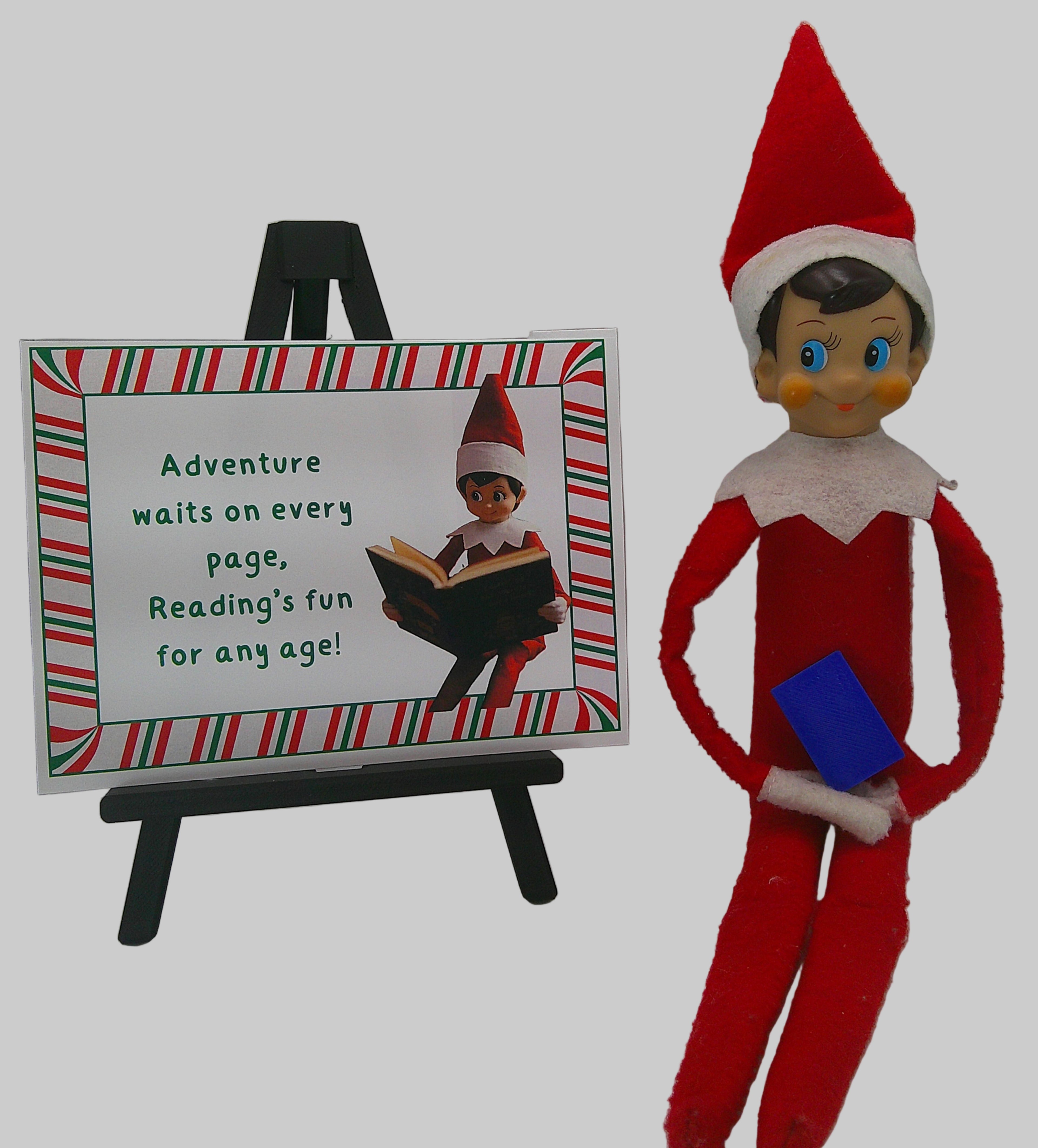 Elf on the Shelf holding a book next to a sign about reading.