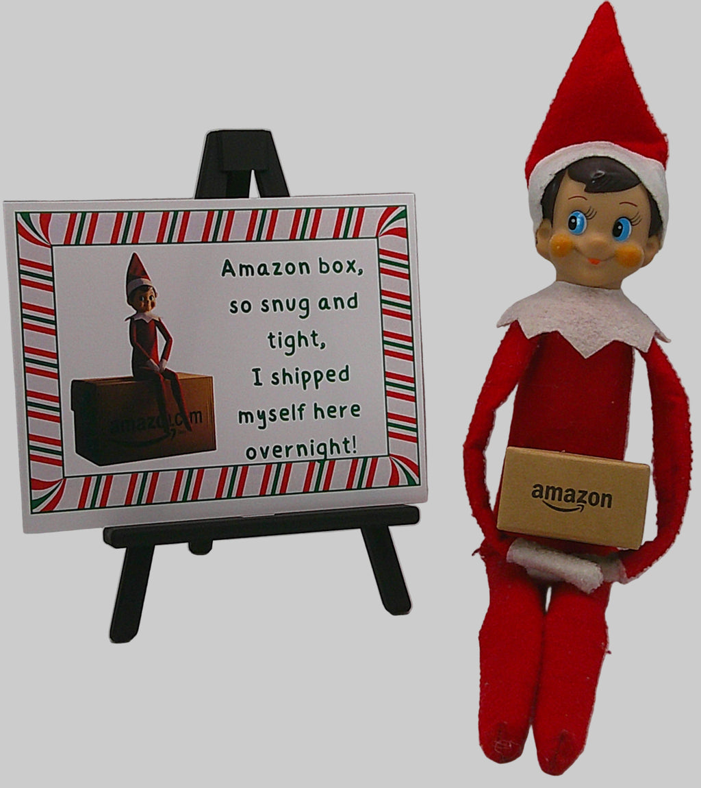Elf on the Shelf holding an Amazon box with a sign next to it.