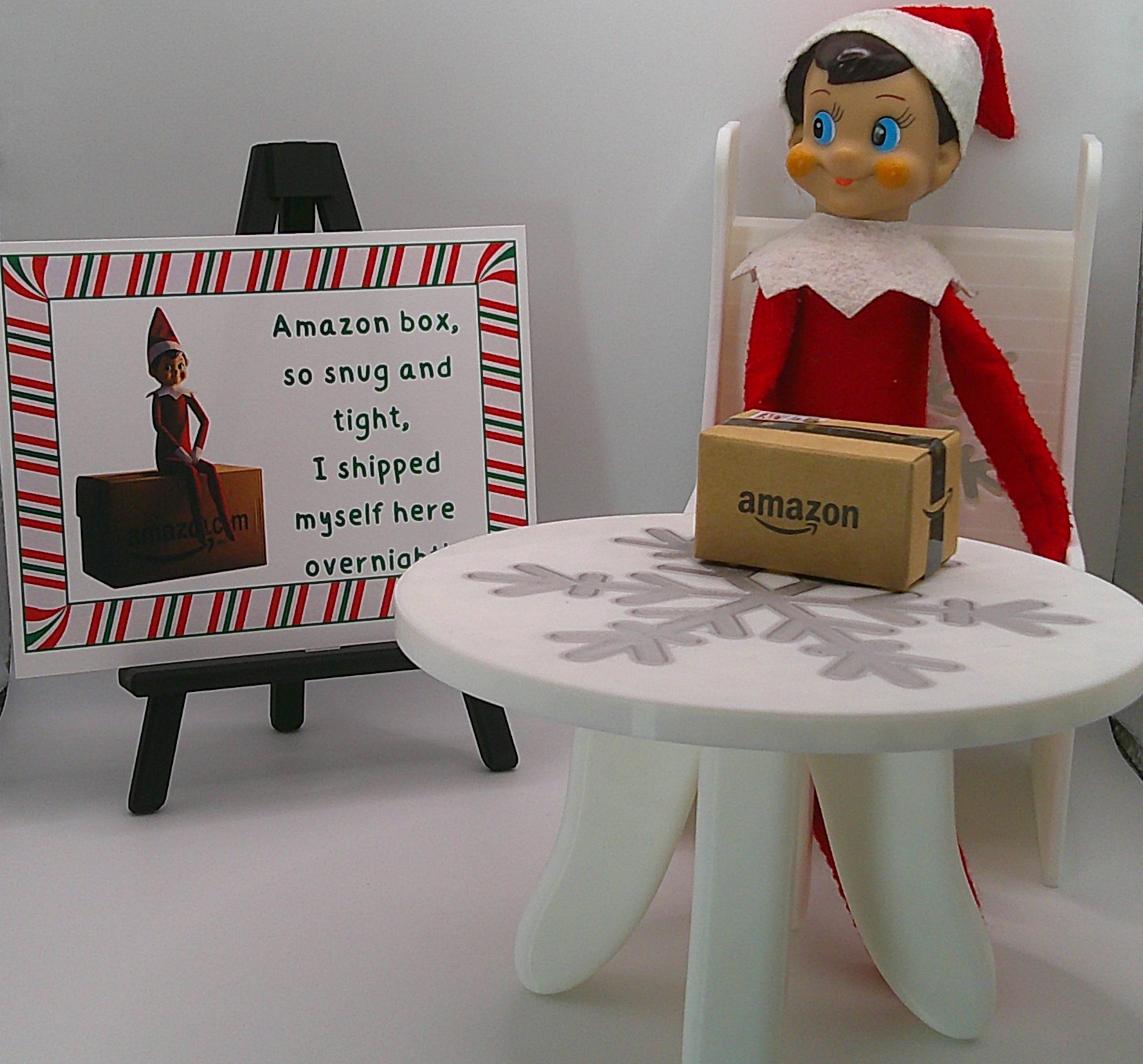 Elf on the Shelf with an Amazon box and a sign in the background
