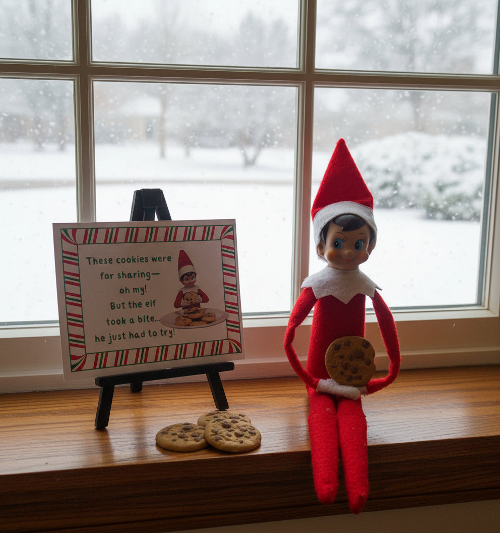 Elf on the Shelf with cookies and a sign by a window on a snowy day