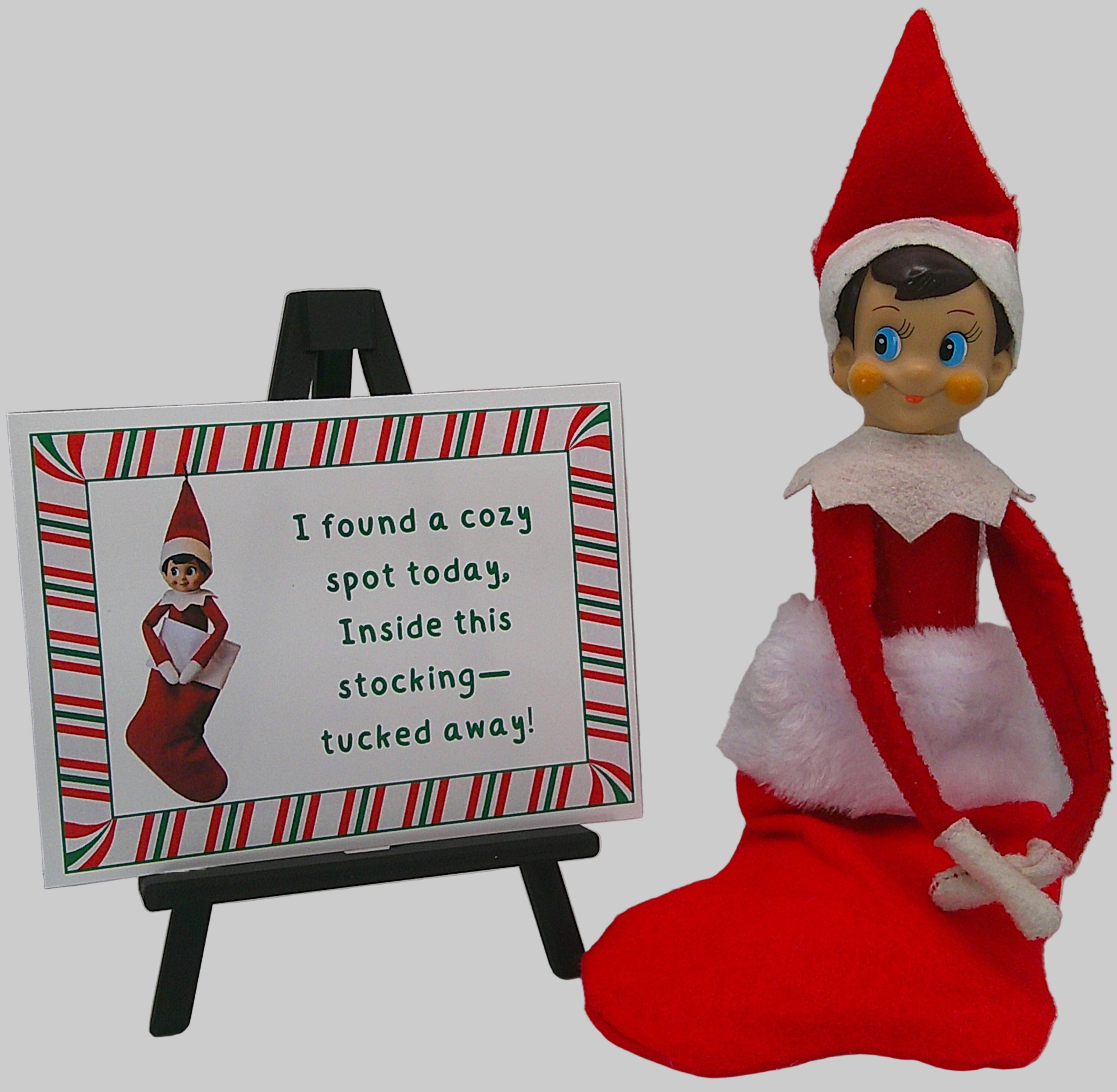 Elf on the Shelf with a sign and stocking on a white background