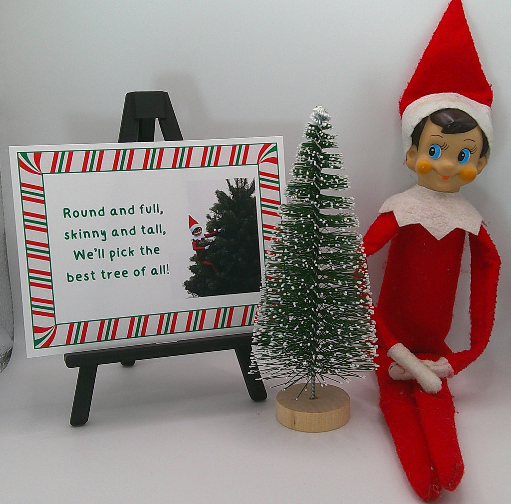 Elf on the Shelf with a Christmas tree and sign on a white background