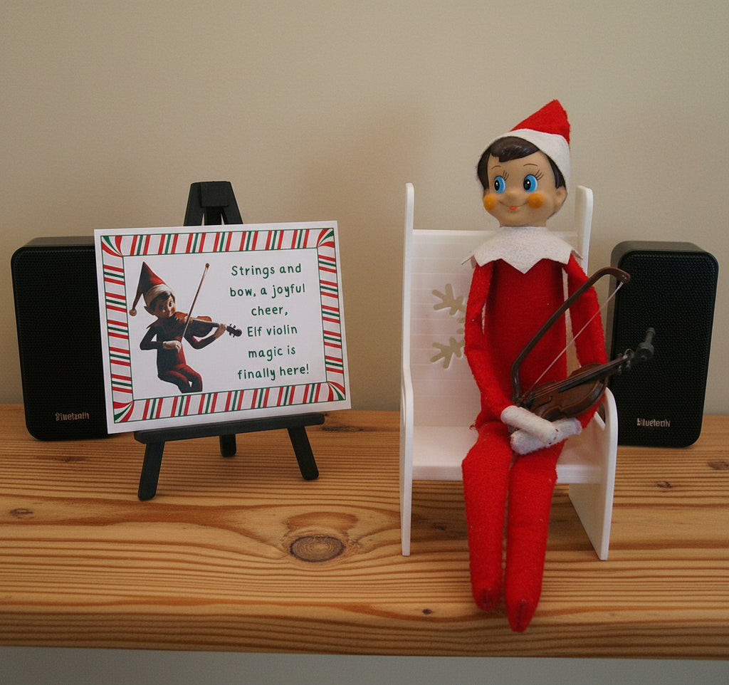 Elf on the Shelf with a violin and a sign about Elf violin magic on a wooden surface.