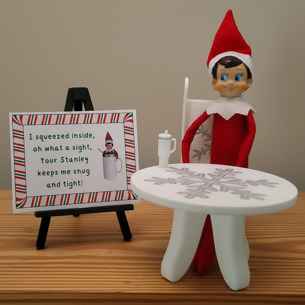 Elf on the Shelf with a sign and small table in a room setting